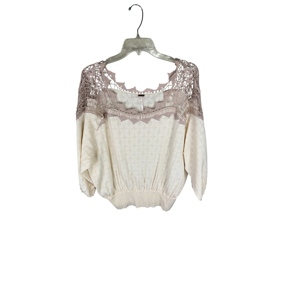 Free People Crochet Lace Pointelle Knit Smocked Hem Boho Sweater Cream Mauve M